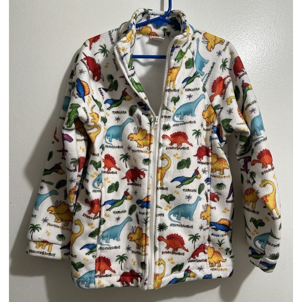 Kids Plush Zip Up Jacket, Medium, White Multi Color Dinosaurs Comfy 🦕 🦖